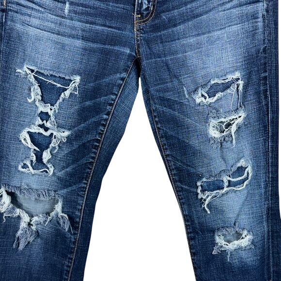 American Eagle SZ 8 Jeggings Jeans Low-Rise Distressed Patches Stretch Whiskered - Picture 3 of 11